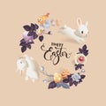 Happy Easter greeting card. Vector illustration with colorful wreath of flowers, eggs and rabbits. Hand written