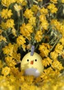 Happy Easter greeting card. Vertical Easter background with funny hidden egg in yellow flowers. Egg hunt holiday