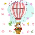 Happy Easter greeting card with white bunny in hot air balloon. Royalty Free Stock Photo