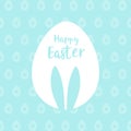Happy Easter greeting card. White egg with easter bunny ears on a pastel blue background with pattern of eggs Royalty Free Stock Photo