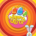 Happy easter greeting card wtih bunny, calligraphic text, clouds , rainbow and color easter eggs. vector easter kids Royalty Free Stock Photo