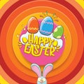 Happy easter greeting card wtih bunny, calligraphic text, clouds , rainbow and color easter eggs. vector easter kids Royalty Free Stock Photo