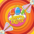 Happy easter greeting card wtih bunny, calligraphic text, clouds , rainbow and color easter eggs. vector easter kids Royalty Free Stock Photo