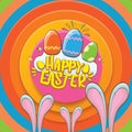 Happy easter greeting card wtih bunny, calligraphic text, clouds , rainbow and color easter eggs. vector easter kids Royalty Free Stock Photo