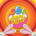 Happy easter greeting card wtih bunny, calligraphic text, clouds , rainbow and color easter eggs. vector easter kids Royalty Free Stock Photo