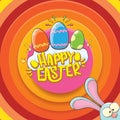 Happy easter greeting card wtih bunny, calligraphic text, clouds , rainbow and color easter eggs. vector easter kids Royalty Free Stock Photo