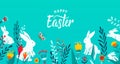 Happy easter greeting frame banner background with paper cut bunnies, flowers, grass, butterfly. Minimal 3d style floral Royalty Free Stock Photo