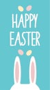 Happy Easter greeting postcard with rabbit ears and color eggs on blue background. Vector stock illustration. Royalty Free Stock Photo