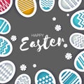 Happy Easter Greetings card. Colorful Eggs in paper cut style. Spring holidays on grey. Space for text. Origami flower Royalty Free Stock Photo