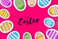 Happy Easter Greetings card. Colorful Eggs in paper cut style. Spring holidays on pink . Space for text. Royalty Free Stock Photo