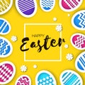 Happy Easter Greetings card. Colorful Eggs in paper cut style. Spring holidays on yellow. Space for text. Origami flower Royalty Free Stock Photo