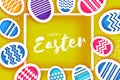Happy Easter Greetings card. Colorful Eggs in paper cut style. Spring holidays on yellow. square frame. Space for text Royalty Free Stock Photo