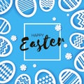 Happy Easter Greetings card. Eggs in paper cut style. Spring holidays on blue. Space for text. Origami flower. Nature. Royalty Free Stock Photo