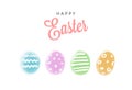 Happy Easter greetings card with four colorful eggs isolated on white background. Vector flat celebration illustration Royalty Free Stock Photo