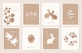 Happy easter gritting card set of eggs, rabbit, pigeon, flower and wreath icons Royalty Free Stock Photo