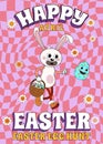 Happy Easter Groovy cartoon poster retro. Funny bunny with egg, Easter egg hunt