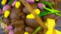 Happy Easter hamper of chocolate eggs and bunny rabbits in large basket Royalty Free Stock Photo