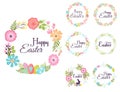 Happy easter hand drawn badge hand lettering greeting decoration natural wreath spring flower vector illustration