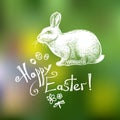 Happy Easter hand drawn greeting card template isolated on green blurry background. Vector