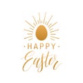 Happy Easter hand lettering greeting card with egg. Religious holiday vector illustration on white background. Royalty Free Stock Photo