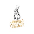 Happy Easter hand lettering greeting card.Vector sketched paschal bunny illustration on white background for poster etc. Royalty Free Stock Photo