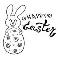 HAPPY EASTER - handwritten lettering with cute funny contoured easter bunny with egg. Vector hand drawn template for greeting card