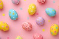 Happy easter handwritten note Eggs Petal Basket. White egg hunt Bunny Speckled eggs. Bright colors background wallpaper Royalty Free Stock Photo