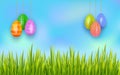 Happy Easter hanging painted eggs on sky background with green grass. Poster template with copy space. Royalty Free Stock Photo