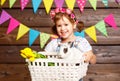 Happy easter! happy funny child girl with bunny Royalty Free Stock Photo