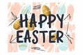 Happy easter happy thought Eggs Parade Basket. White lavender Bunny hopping. Easter table decor background wallpaper