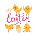 Happy Easter. Happy yellow baby chicken, doodle baby bird in egg, poultry farm cute creature cartoon minimalistic style post card Royalty Free Stock Photo