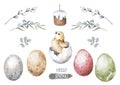Happy Easter hatching chick with set egg, collection willow stick. Hand painting illustration for design Royalty Free Stock Photo