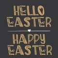 Happy Easter. Hello Easter. Simple pattern with lettering text. Easter holiday black and gold background for printing on fabric, p