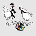 Happy easter. Hen, rooster and nest with Easter eggs. Hand drawn vector illustration isolated on white Royalty Free Stock Photo