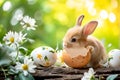 Cute miniature rabbit with egg shell, egg elements and spring flowers