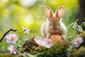 Happy Easter holiday background. Cute miniature rabbit with egg shell, egg elements and spring flowers