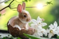 Cute miniature rabbit in egg shell with easter egg elements and spring flowers