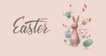 Happy Easter holiday background. 3d Pink gold rabbit and bunny, natural eggs and golden confetti Royalty Free Stock Photo