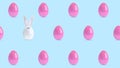 Happy Easter holiday background. Festive design with realistic 3D bunny decor elements and ceramic eggs. Banner, web Royalty Free Stock Photo