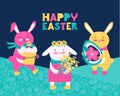 Happy Easter. Holiday banner with a congratulatory text. Cute bunnys and hares with Easter eggs, cake and a bouquet of