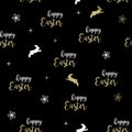 HAPPY EASTER TYPOGRAPHY. SEAMLESS PATTERN ELEGANT GOLDEN ART ON BLACK BACKGROUND. Royalty Free Stock Photo