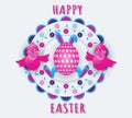 Happy Easter holiday with bunny ears and paws, an egg and two funny chickens on a colorful floral background. Royalty Free Stock Photo