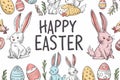 Happy easter Holiday Card Eggs Easter basket Basket. White crafted greeting Bunny plush party favor. Lettering zone background