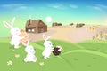 Happy Easter, holiday, cute white bunny playing on grass hill, egg hunt poster, agriculture landscape scene, rabbit kid cartoon