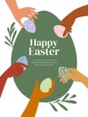 Happy Easter holiday design template with vector illustration of diversity human hands holding painted colorful eggs, ovoid frame