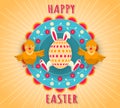 Happy Easter holiday. Egg with bunny ears and paws, two funny chickens on a colorful floral background. Royalty Free Stock Photo