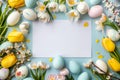 Happy easter holiday Eggs Pastel baby green Basket. White overflowing with gladness Bunny verdant green. Marked space background Royalty Free Stock Photo