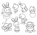 Happy Easter holiday illustration with cute chicken, bunny, duck, lamb