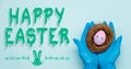 happy easter holiday safety hands egg face in mask