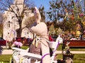 Happy Easter holiday in spring season with bunny decoration on a white bench in Hungary